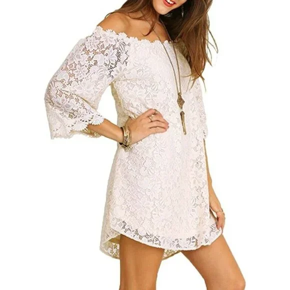 OURS Women's Size S White Lace Off-the-Shoulder Dress Thigh Mini Lined NEW - Picture 3 of 6